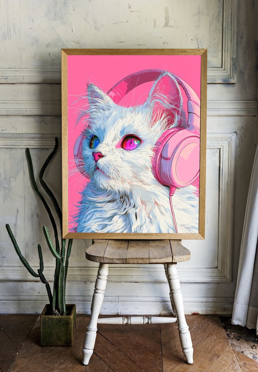 Cat with Headphones Illustration Poster. room preview