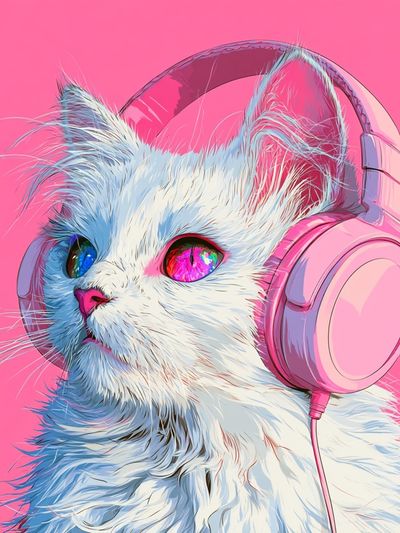 Cat with Headphones Illustration Poster.