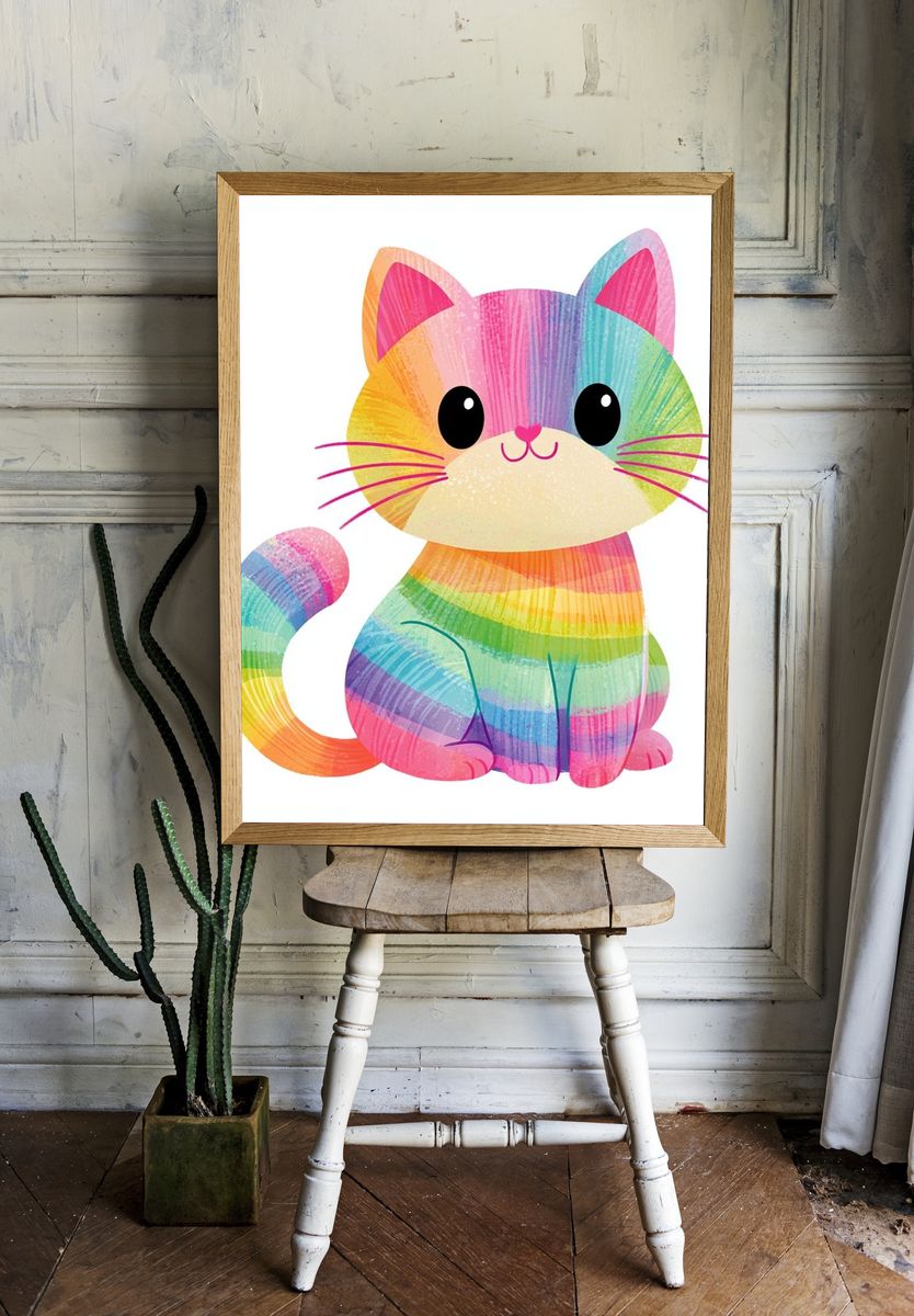 Rainbow Cat Illustration Poster. room preview