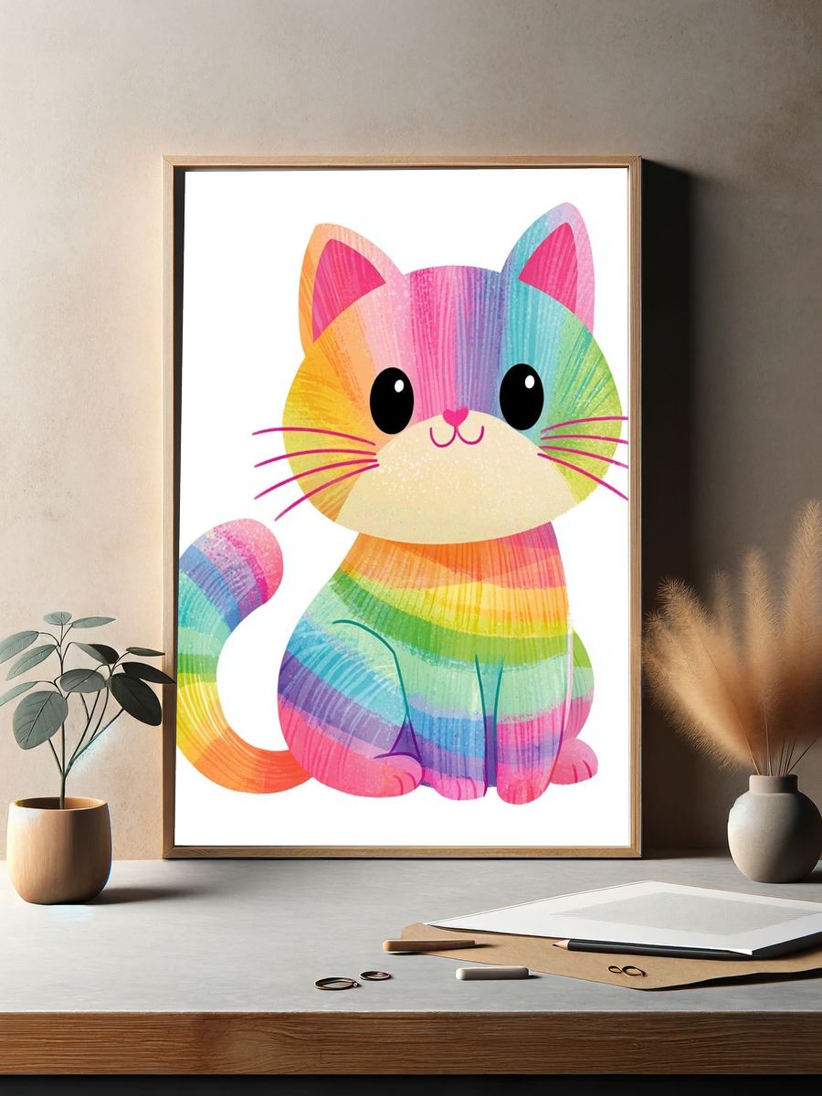 Rainbow Cat Illustration Poster. — room view 2