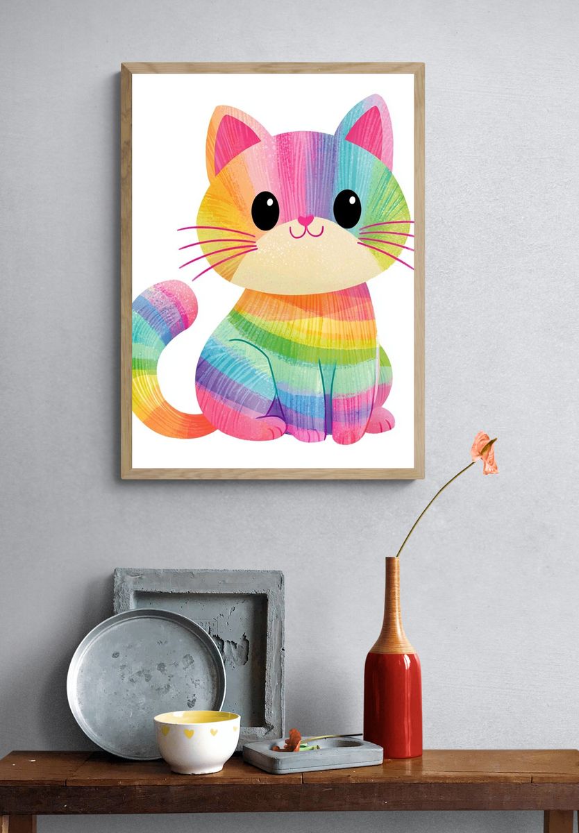 Rainbow Cat Illustration Poster. — room view 3