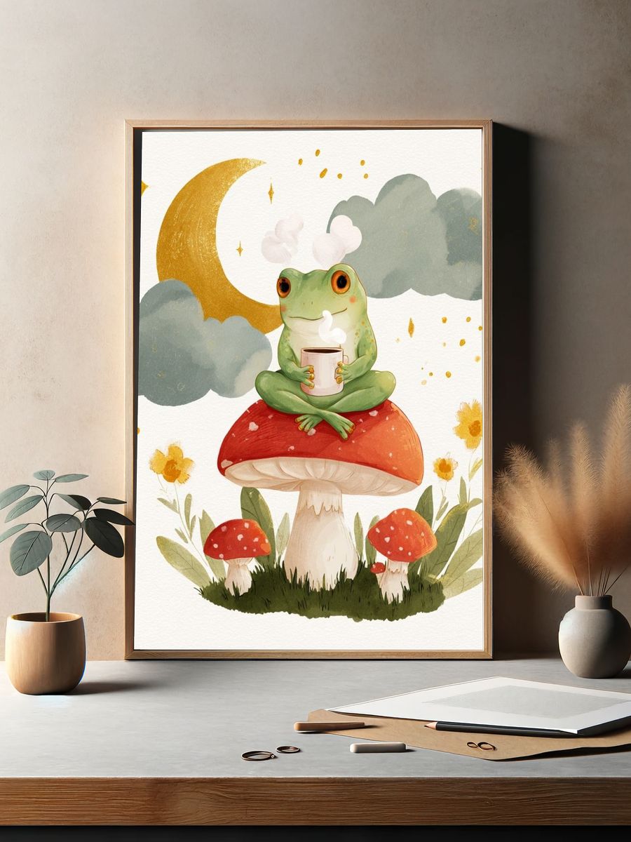 Frog on Mushroom Watercolor Poster. — room view 2