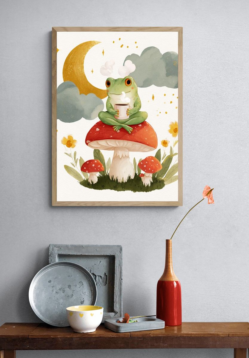 Frog on Mushroom Watercolor Poster. — room view 3