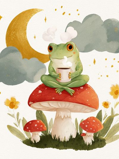Frog on Mushroom Watercolor Poster.
