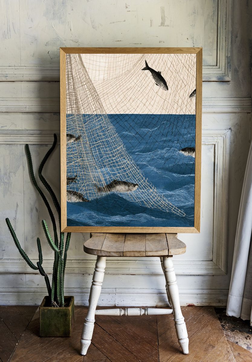 Fishing Net and Fish Illustration Poster. room preview
