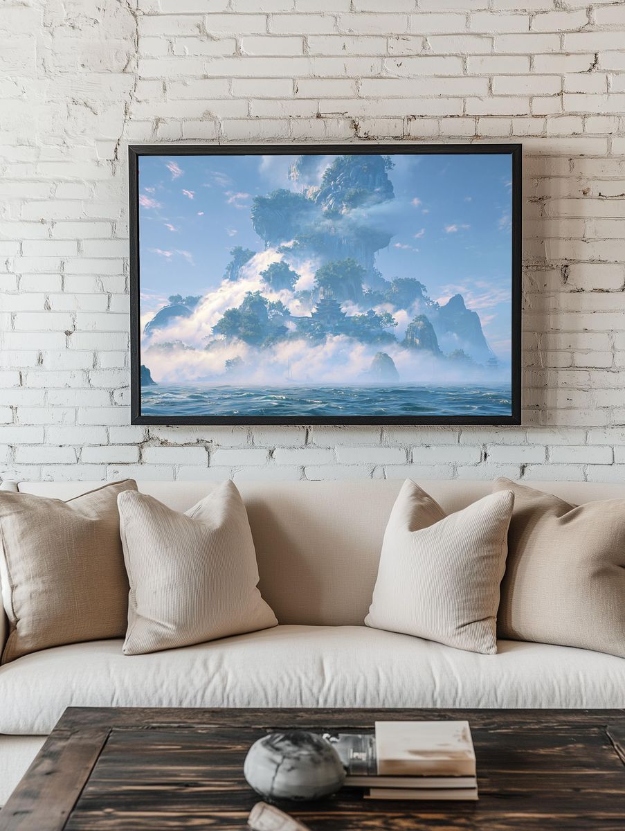 Misty Mountain Temple Fantasy Print. room preview