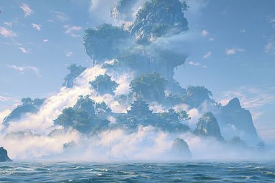 Misty Mountain Temple Fantasy Print. poster