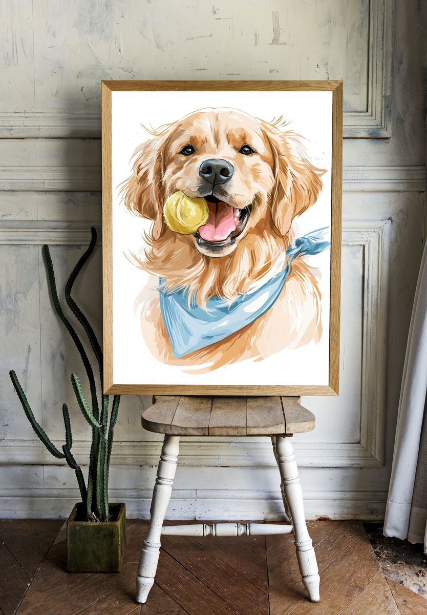 Golden Retriever with Ball Illustration Poster. — room view 1