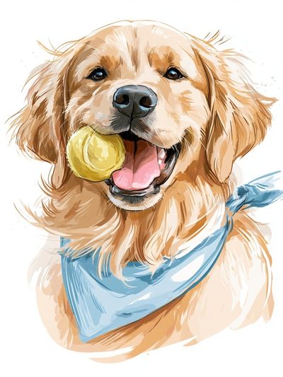 Golden Retriever with Ball Illustration Poster.