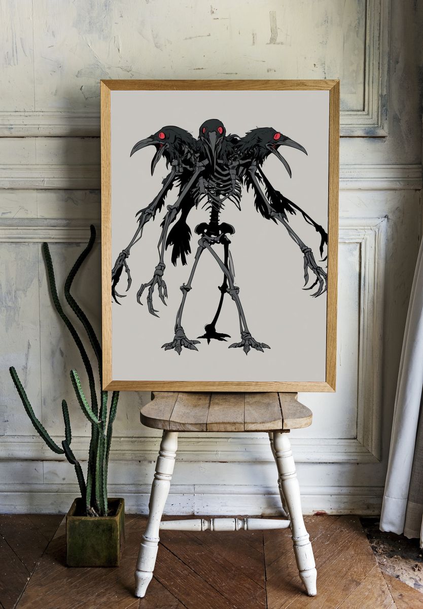 Three-Headed Raven Skeleton Illustration Poster. room preview