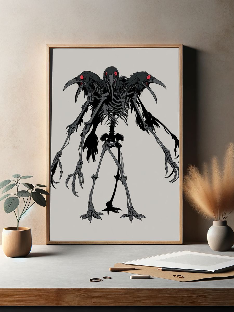 Three-Headed Raven Skeleton Illustration Poster. — room view 2