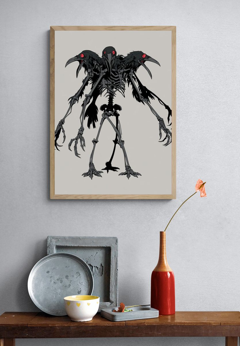 Three-Headed Raven Skeleton Illustration Poster. — room view 3