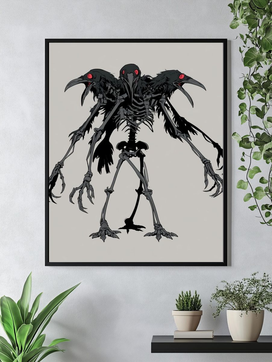 Three-Headed Raven Skeleton Illustration Poster. — room view 4