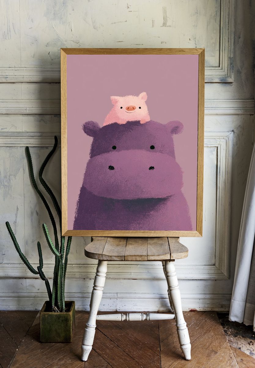 Cute Hippo and Pig Illustration Poster. room preview