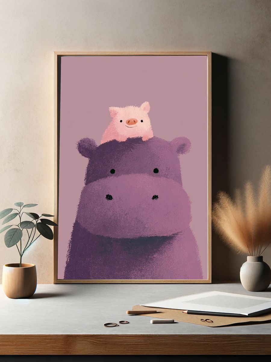 Cute Hippo and Pig Illustration Poster. — room view 2