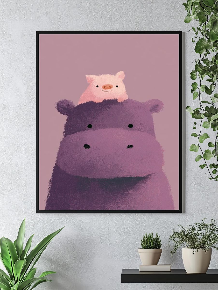 Cute Hippo and Pig Illustration Poster. — room view 4