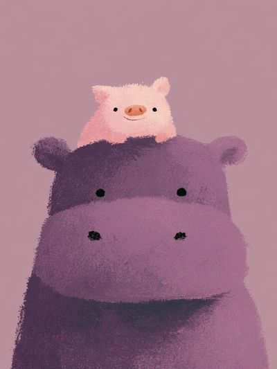 Cute Hippo and Pig Illustration Poster.
