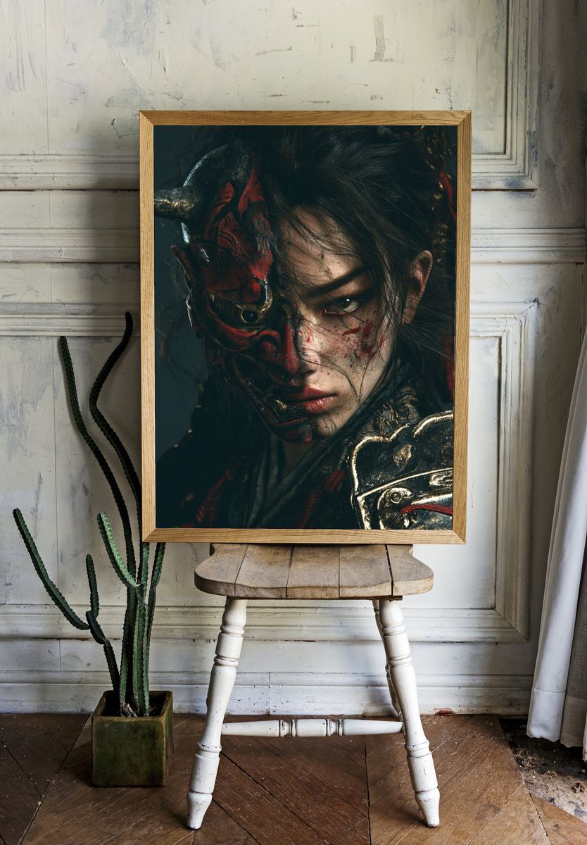 Samurai Demon Portrait Print. room preview