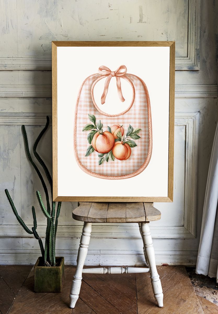 Peach Gingham Bib Illustration Print. room preview