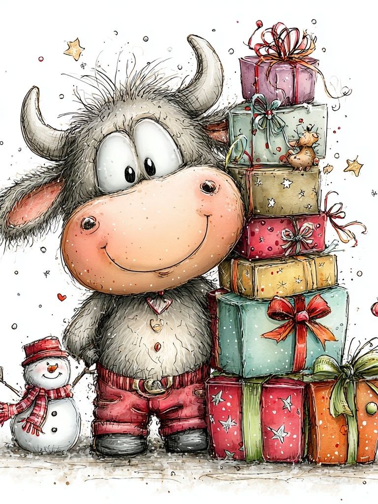 Festive Cow with Gifts Illustration Poster. poster — illustration art