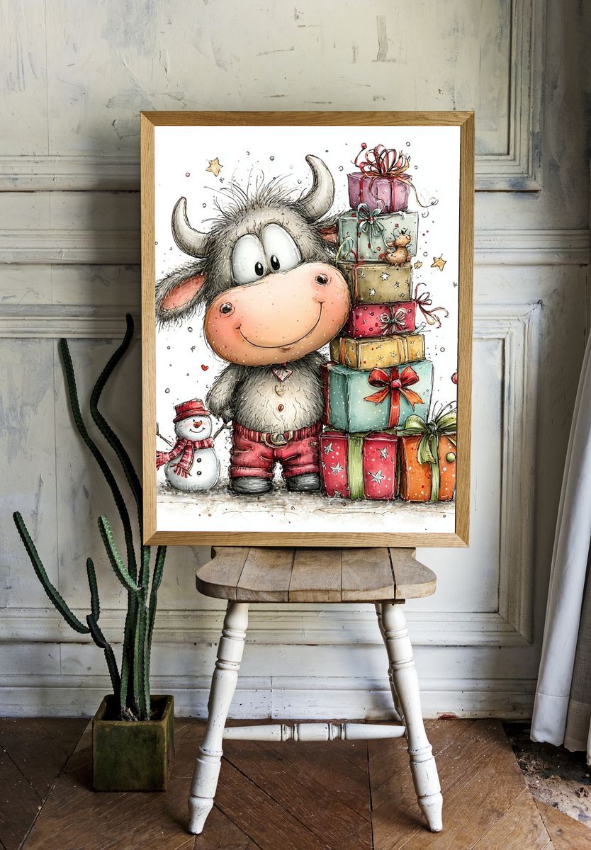 Festive Cow with Gifts Illustration Poster. — room view 1