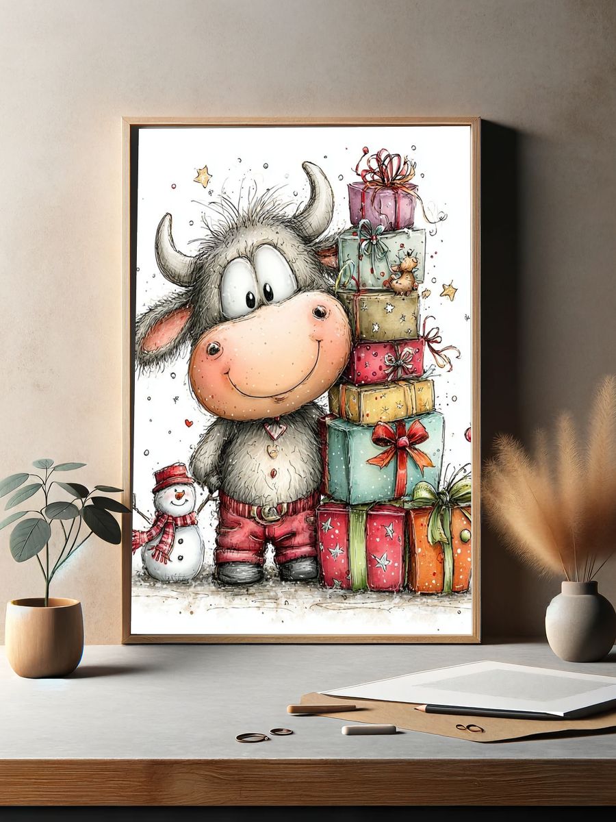 Festive Cow with Gifts Illustration Poster. — room view 2