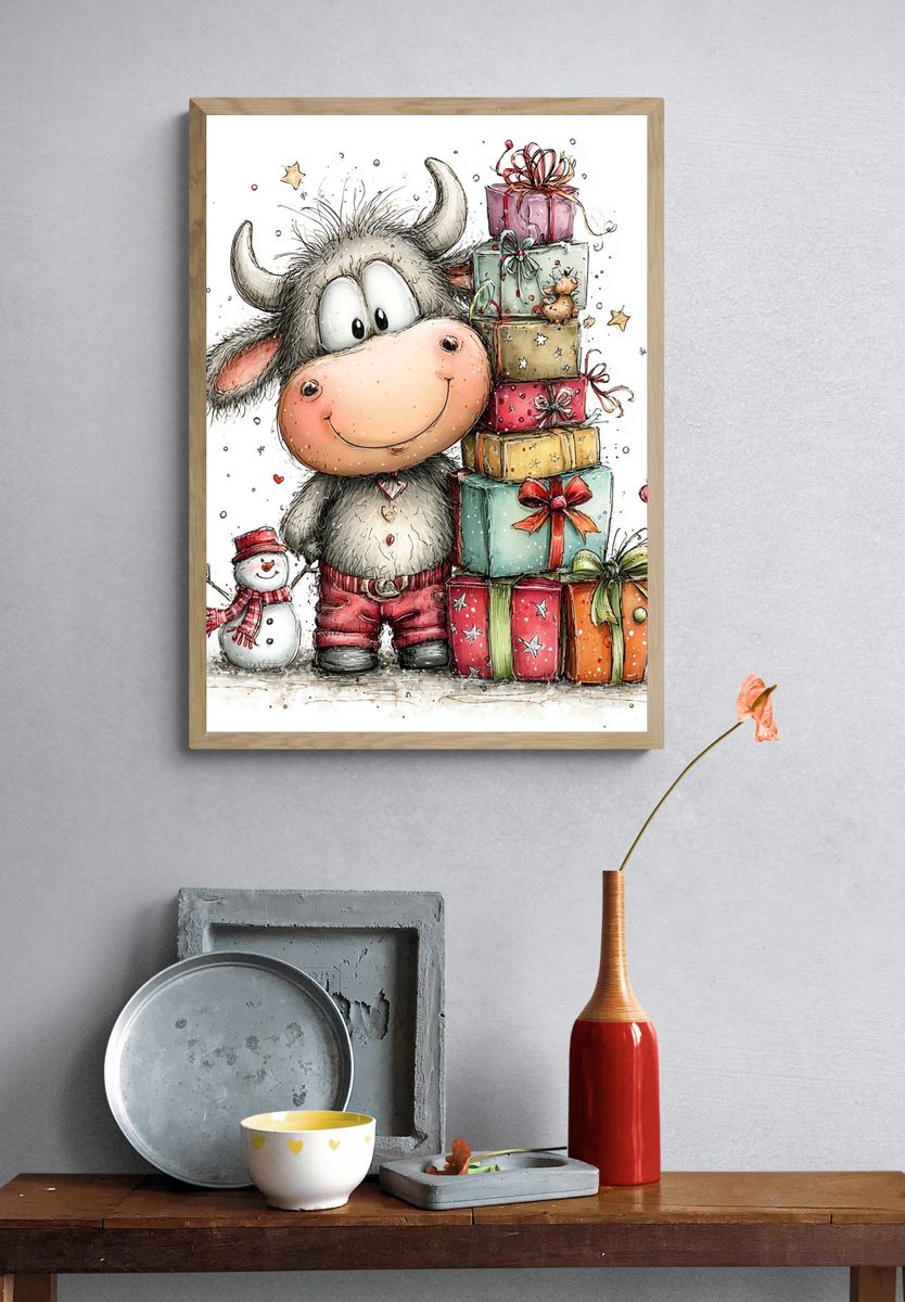 Festive Cow with Gifts Illustration Poster. — room view 3