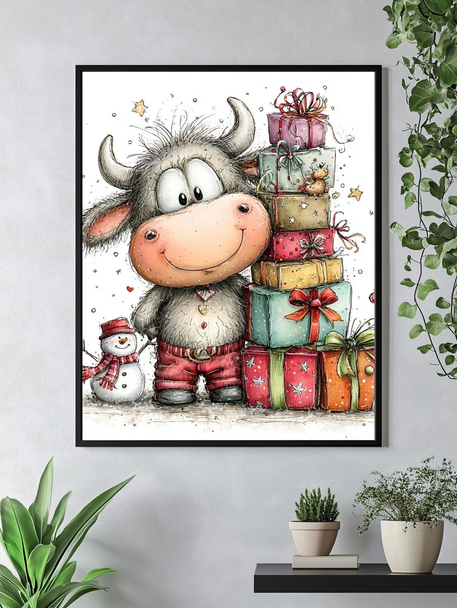 Festive Cow with Gifts Illustration Poster. — room view 4