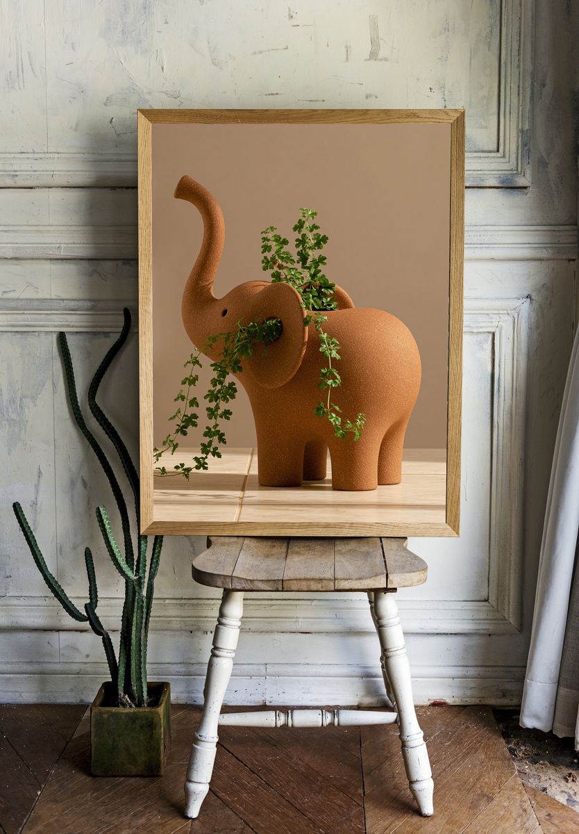 Terracotta Elephant Sculpture Print. — room view 1