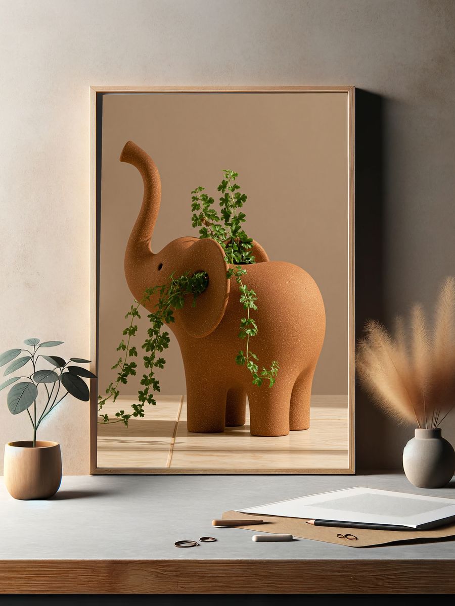 Terracotta Elephant Sculpture Print. — room view 2