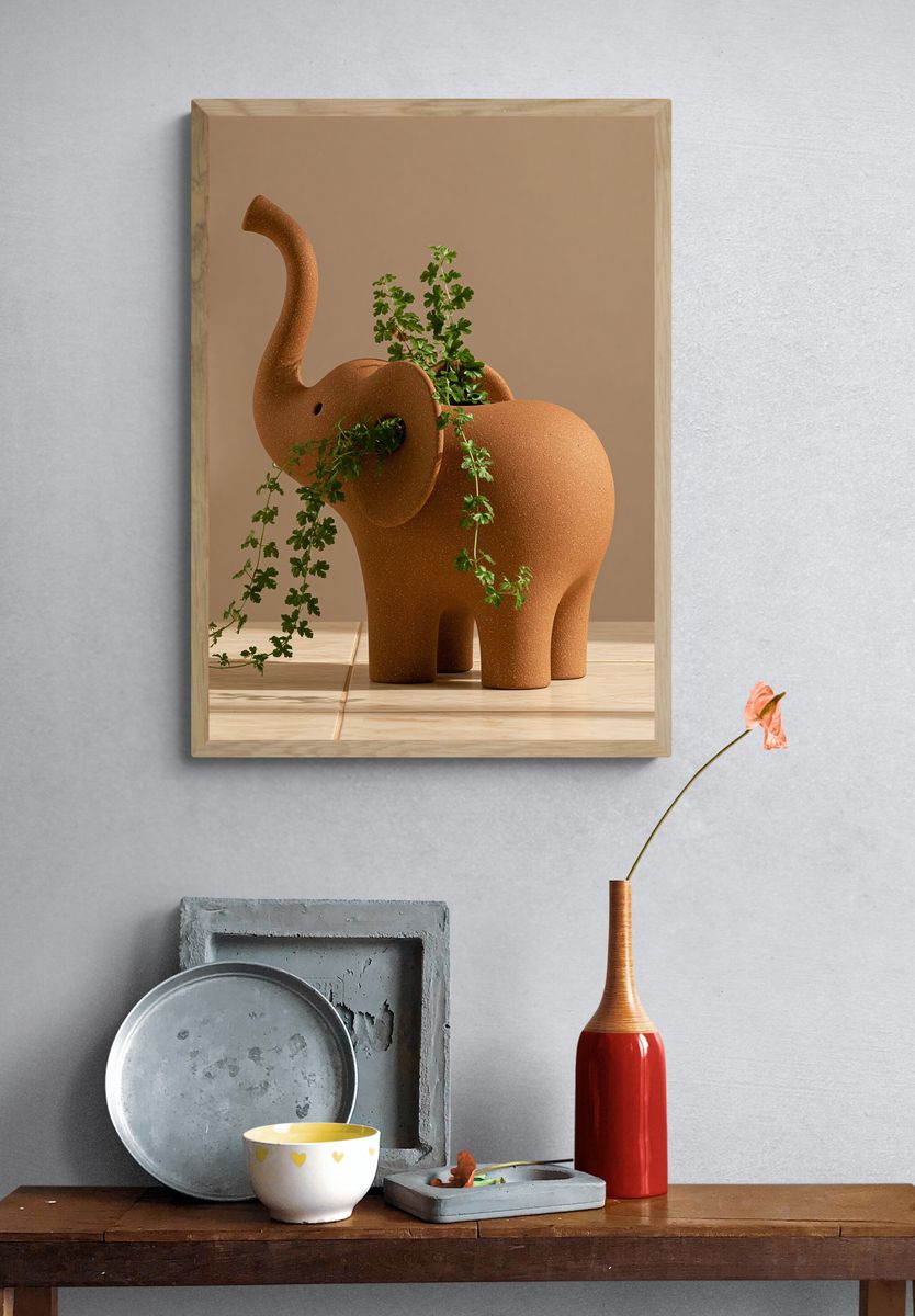 Terracotta Elephant Sculpture Print. — room view 3