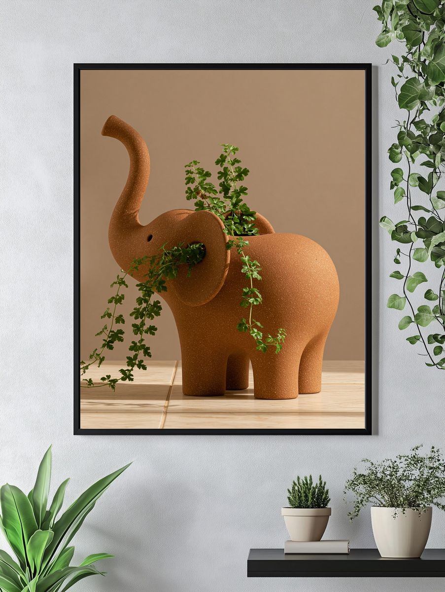Terracotta Elephant Sculpture Print. — room view 4