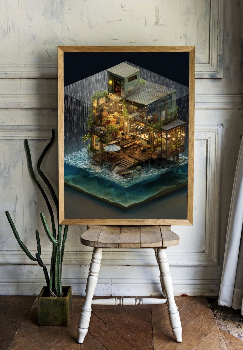 Floating Seaside House Illustration Poster. — room view 1