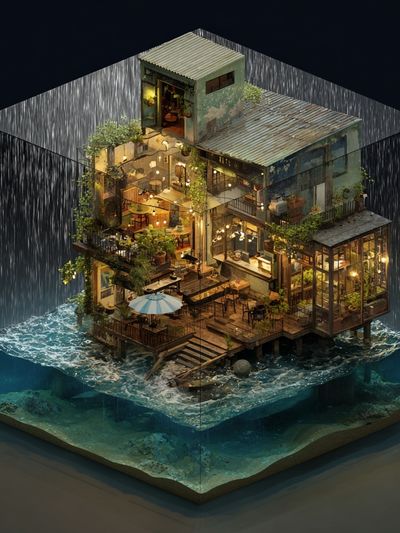 Floating Seaside House Illustration Poster. poster