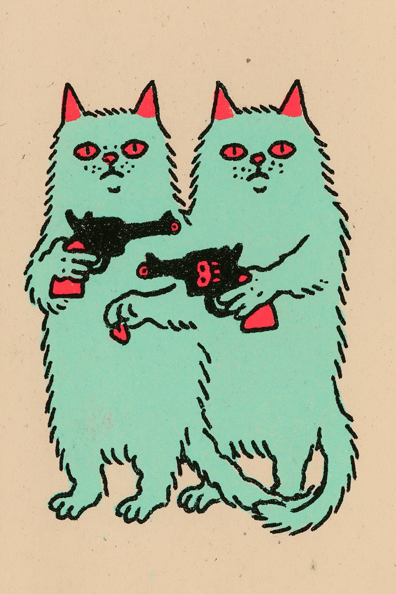 Twin Cats with Pistols Illustration Poster. poster — illustration art