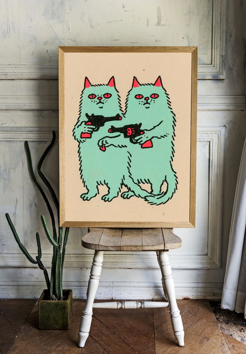 Twin Cats with Pistols Illustration Poster. — room view 1