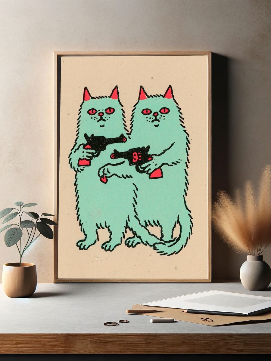 Twin Cats with Pistols Illustration Poster. — room view 2