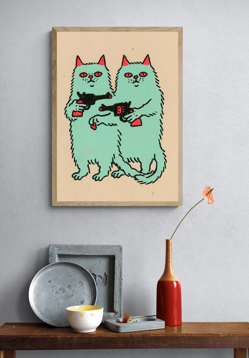 Twin Cats with Pistols Illustration Poster. — room view 3
