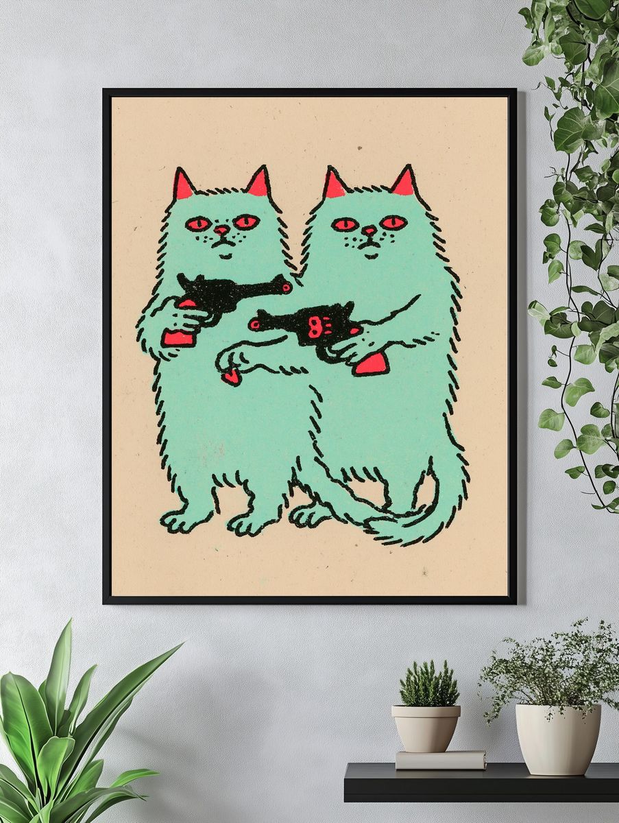 Twin Cats with Pistols Illustration Poster. — room view 4