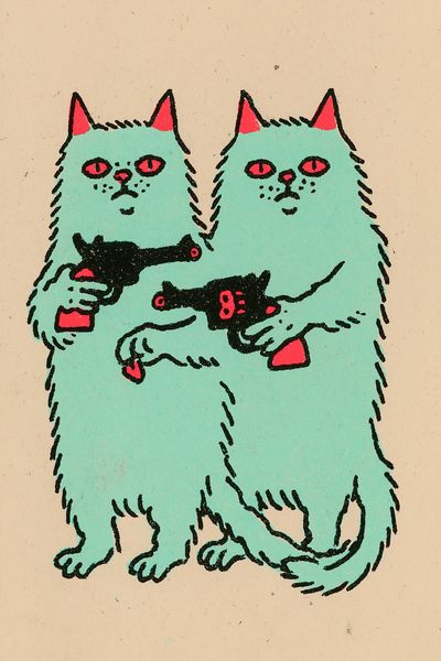 Twin Cats with Pistols Illustration Poster.