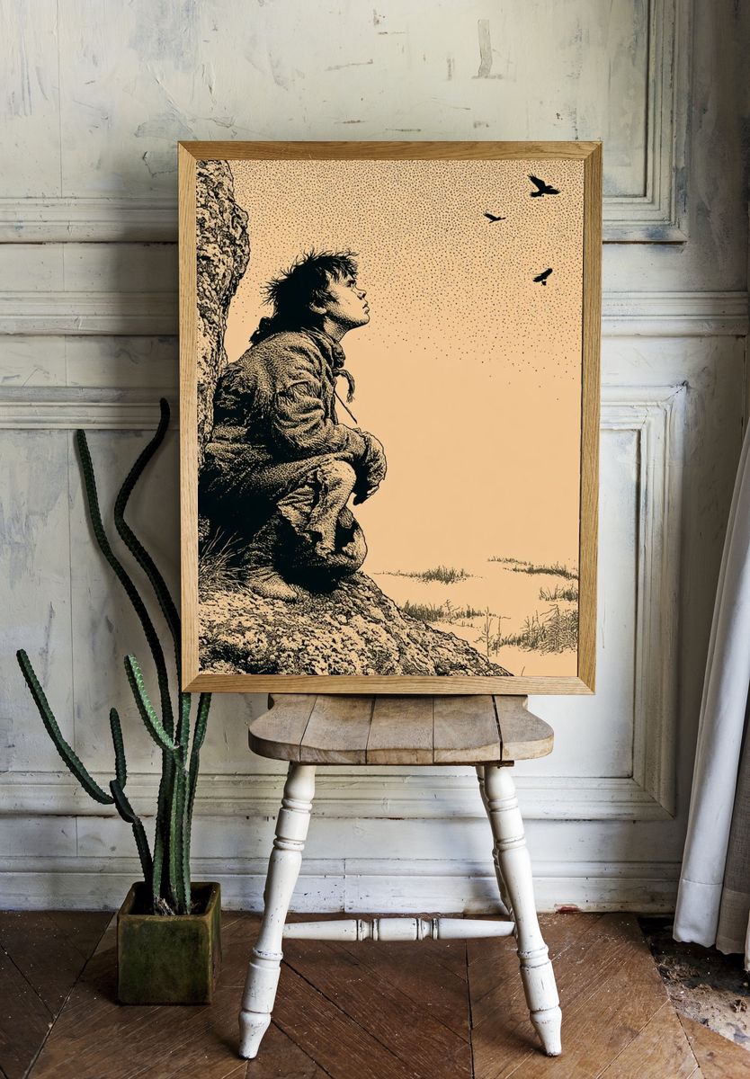 Solitary Cliffside Figure Illustration Poster. room preview