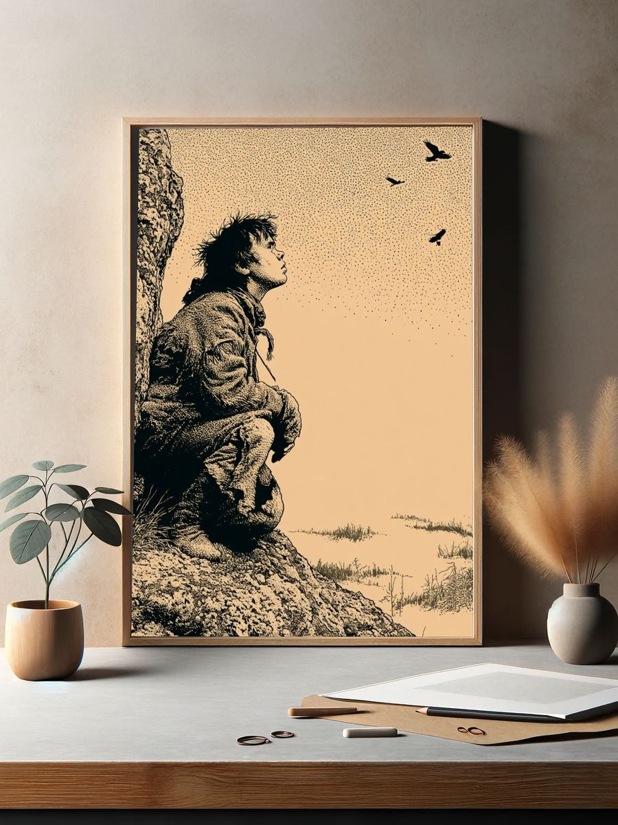 Solitary Cliffside Figure Illustration Poster. — room view 2