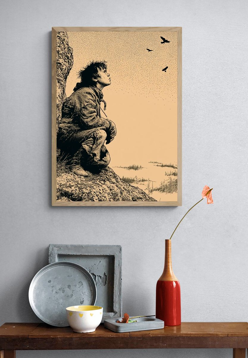 Solitary Cliffside Figure Illustration Poster. — room view 3