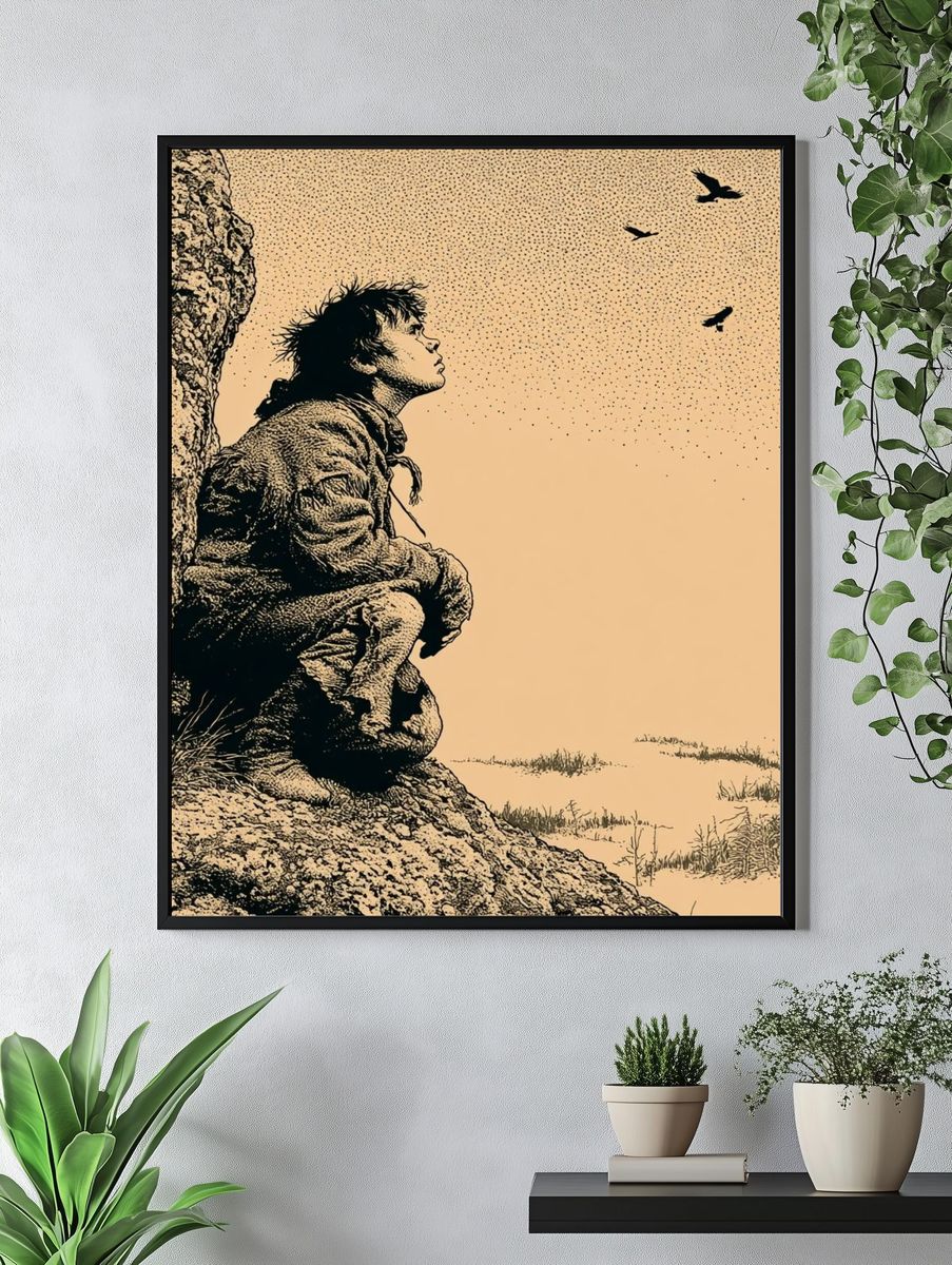 Solitary Cliffside Figure Illustration Poster. — room view 4
