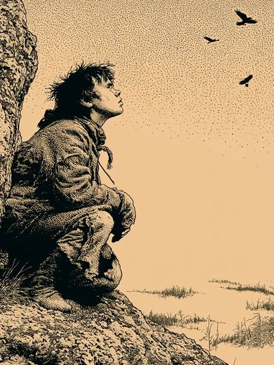 Solitary Cliffside Figure Illustration Poster. poster