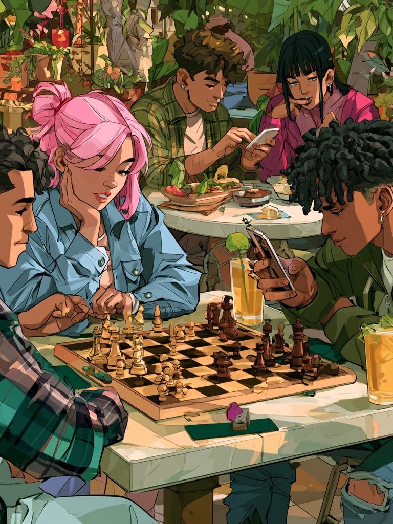 Chess Café Gathering Illustration Poster. poster detail
