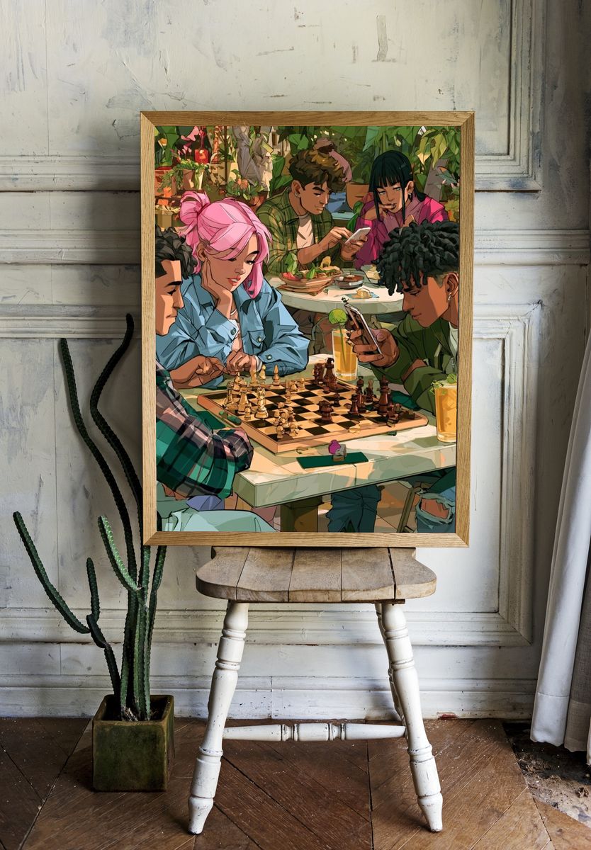 Chess Café Gathering Illustration Poster. room preview