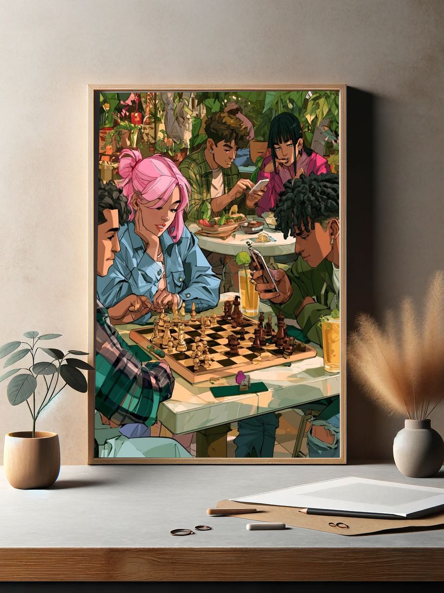 Chess Café Gathering Illustration Poster. — room view 2
