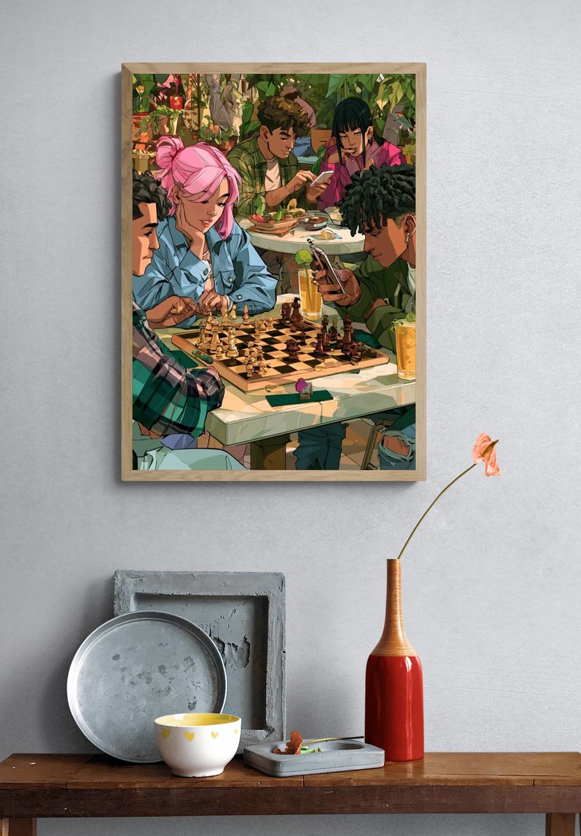 Chess Café Gathering Illustration Poster. — room view 3