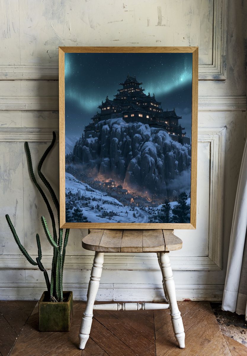 Snowy Mountain Castle Fantasy Print. room preview